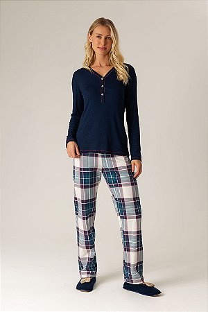 9878 - Pijama Feminino Calça em Moletinho e Blusa em Ribana