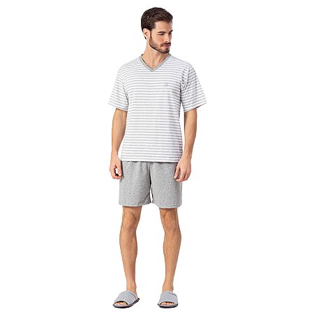 Pijama masculino com shorts cinza e blusa listrada Grey 12270031