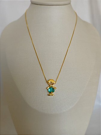 Colar menino com coração em zircônia verde (semijoia banhada a ouro 18k)