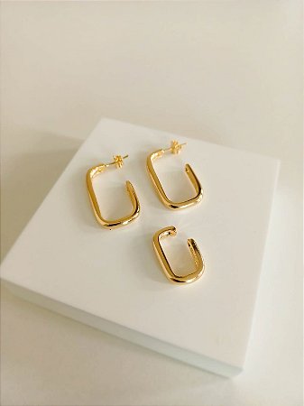 Mix com argola e piercing com design retangular abaulado (semijoia banhada a ouro 18k)