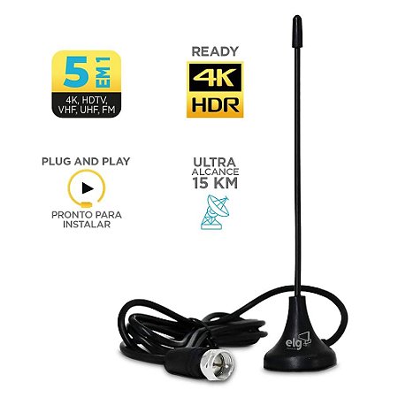 Antena Interna ELG Smart View 2,5 Metros com Sinal Digital 4K HDR HDTV, UHF, VHF Preto