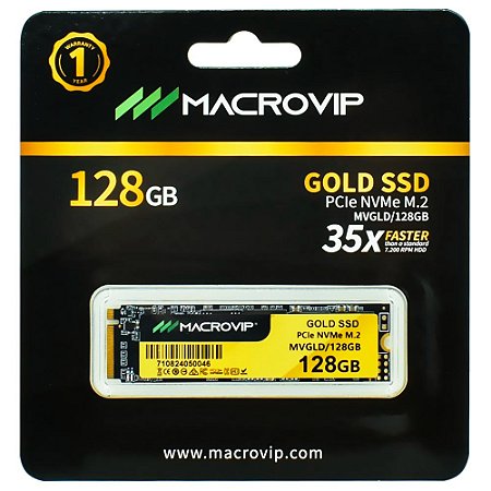 SSD M.2 NVMe Macrovip Gold 128GB 2280 PCIe Gen 3x4 Preto e Amarelo MVGLD/128GB