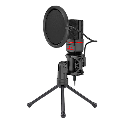 Microfone Gamer Redragon Seyfert Profissional Podcast, P2, Com Tripé E Pop Filter - GM100