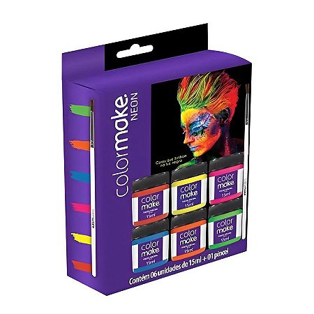 Kit Tinta Facial  Neon 6 Cores Com Pincel - Colormake