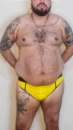CUECA CANELADO AMARELA FRENTE SLIP ATRAS JOCK COM FAIXA LARGA PLUS SIZE