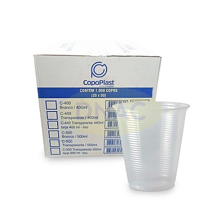 Copo Descartável 400 ml Transparente (PS) - Com 50 un - Copoplast - Caixa com 20 Pacotes