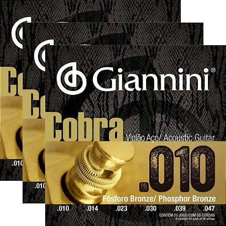 Kit Encordoamento Violão Giannini .010-.050 Cobra Phosphor Bronze GEEFLEF - 3 unidades