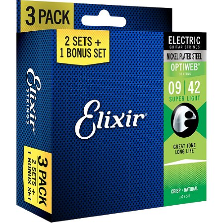 Encordoamento Guitarra Elixir 009-042 Optiweb Super Light 16550 - Pack com 3 unidades