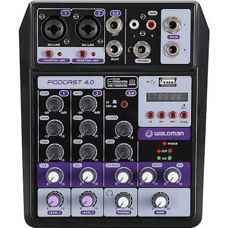 Mesa de Som Waldman PODCAST 4.0 - mixer portátil 4 canais com interface de áudio