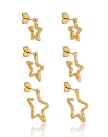 TRIO DE BRINCOS ARGOLAS ESTRELAS