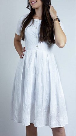 Vestido de Pregas Alice Branco com Botões