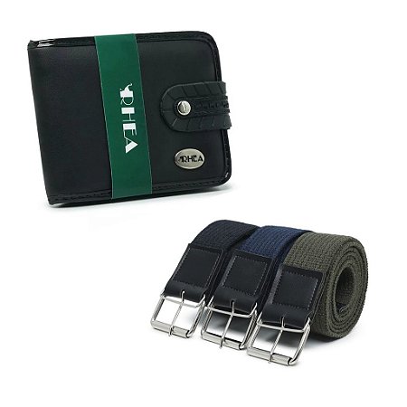 Kit 3 Cintos em Lona (cores: Preto, Azul e Verde) + 1 Carteira grande - (cor: Preta)