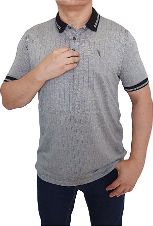 Polo piquet viscose poliéster cor cinza detalhes em listas coleção elegance arara