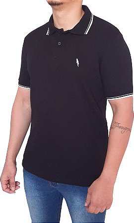 Polo piquet algodão/elastano preta frisos brancos coleção elegance arara