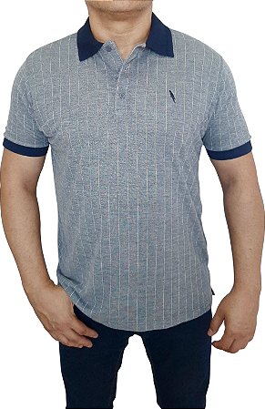 Polo piquet viscose poliéster cor azul acinzentado detalhes em listas coleção elegance arara