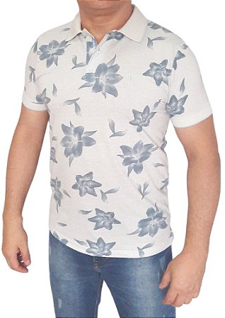 Polo piquet viscose poliéster cor azul claro detalhes florais coleção elegance arara