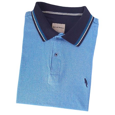 Polo piquet viscose poliéster cor azul claro e azul marinho coleção elegance arara