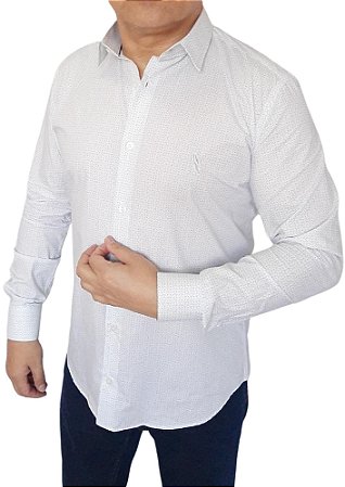 Camisa social manga longa cor branca detalhes geométricos no ton azul coleção prime arara