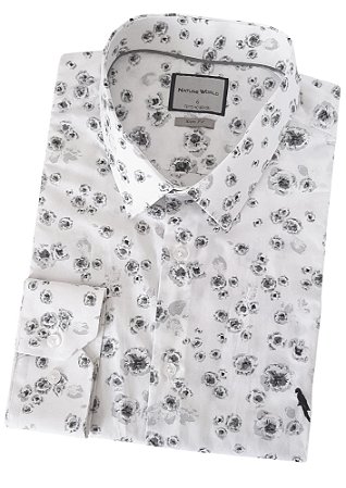 Camisa social manga longa cor branca detalhes geométricos no tom cinza coleção prime arara