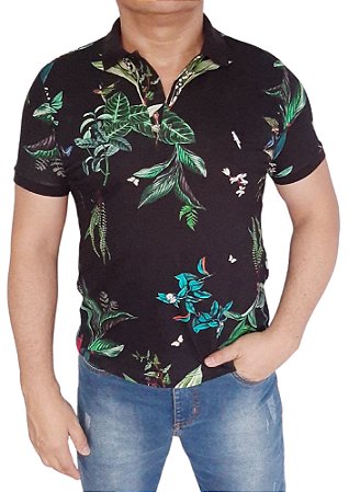 Polo piquet 100% algodão preta com estampas coloridas florais coleção elegance arara