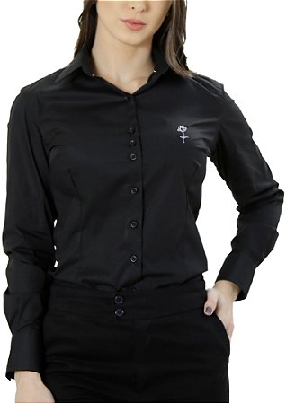 Camisa social feminina manga longa 100% algodão preta Coleção Prime Flor