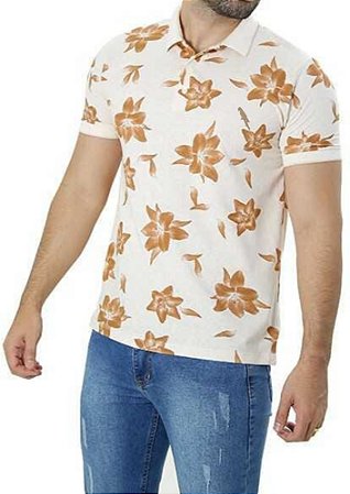 Polo piquet viscose poliéster cor bege detalhes florais coleção elegance arara