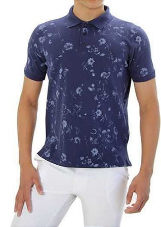 Polo piquet viscose poliéster cor azul marinho detalhes florais coleção elegance arara