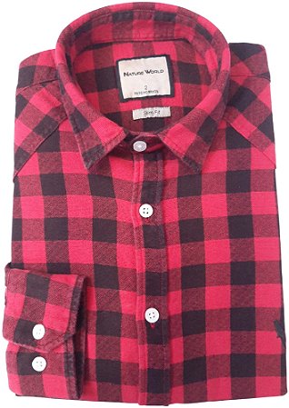 Camisa social masculina manga longa slim fit tecido xadrez vermelho e preto  coleção elegance arara - Nature World