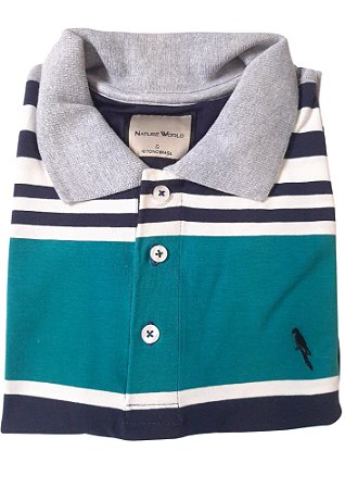 Polo algodão com elastano listrada verde cinza e azul coleção elegance arara