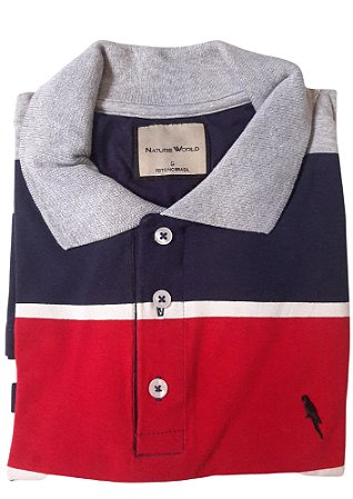 Polo algodão com elastano listrada vermelho, cinza, branco e azul coleção elegance arara