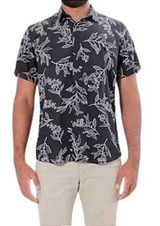 Camisa social manga curta regular viscose preta estampa guaraná coleção Elegance Arara
