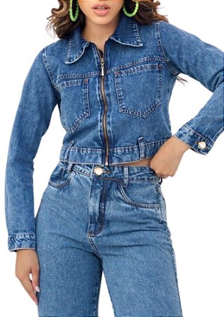 Jaqueta Jeans Zíper Frontal