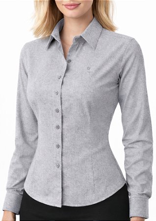 Camisa social feminina manga longa 100% algodão cinza Coleção Prime Flor