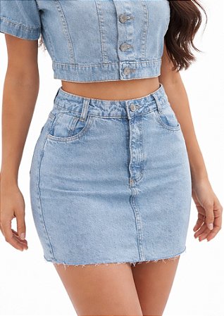 Saia Jeans Claro Comfort Barra Desfiada