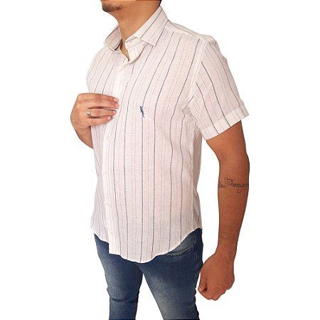 Camisa social manga curta linho/algodão detalhes em listas coleção elegance arara