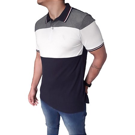 Polo recorte, piquet, puro algodão cores azul marinho, cinza e detalhes em vermelho coleção elegance arara