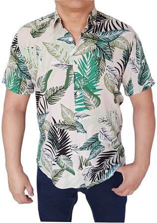 Camisa social manga curta viscose cor palha detalhes em folhagens coleção elegance arara