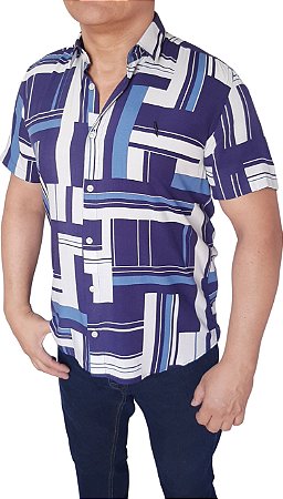 Camisa social manga curta viscose branca/azul formas coleção Elegance Arara