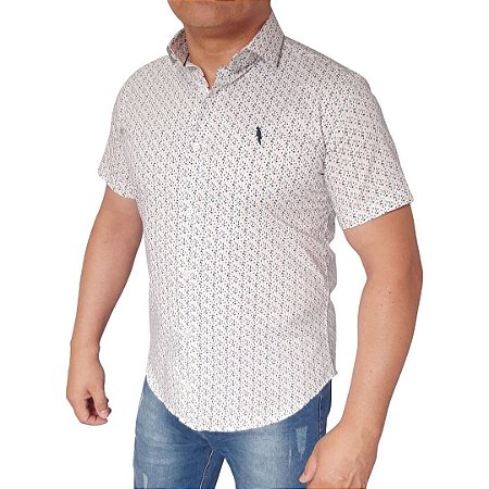 Camisa social manga curta algodão fio 60 detalhes geométricos coleção Elegance Arara