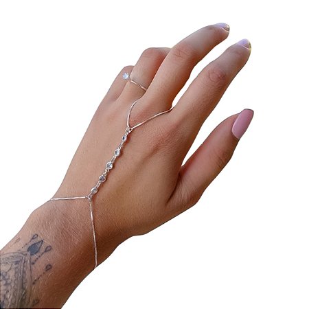 Hand Chain Elegance em prata com zircônias