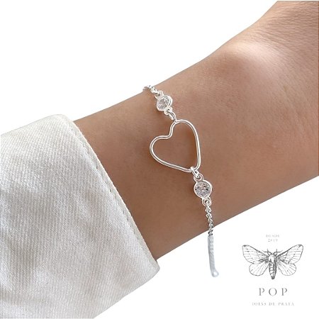 Pulseira Feminina em Prata 925 com Detalhe de Coração e Zircônias
