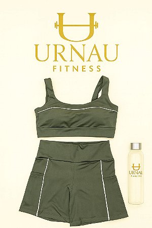 Conjunto de Top e short com bolso lateral - Poliéster - verde e branco- Tamanho- 38/44