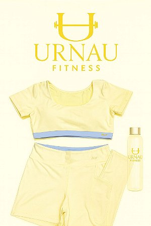 Conjunto de calça com bolso lateral e Cropet - poliamida- Amarelo manteiga com azul- tamanho: 36/42