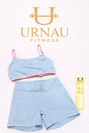 Conjunto Top azul bebê e detalhes rosa claro - Short Amarelo- Tamanho: 36/42