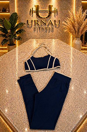 Conjunto de Top em X e calça - Azul marinho com off white- R$ 38/44-