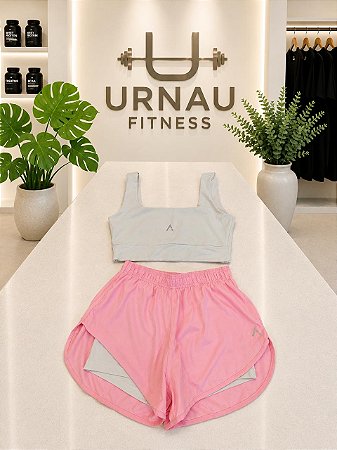 CONJUNTO DE TOP E SHORT DUPLO- cinza claro com rosa bebê - TAMANHO: G