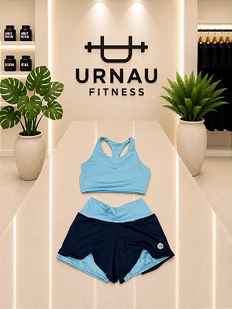 Conjunto top e short duplo- Azul bebê e marinho- Tamanho: M