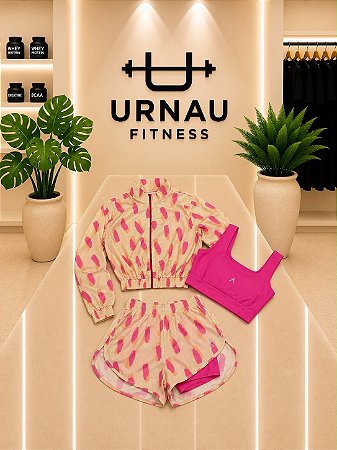 Conjunto Trio-Blusa, Top, short duplo- rosa chiclete com branco- tamanho: G
