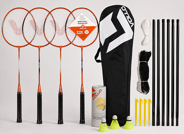 Kit Badminton para Treino Original, 4 Raquetes + 3 Petecas+ Nylon Rede e Suporte VB004 Vollo