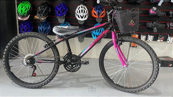 BICICLETA  ARO 24 STONE BIKE TEEN 18V C/CESTA PRETA E PINK